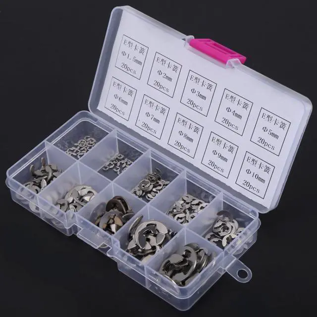 Alt view image 4 of 5 - 200pcs/Box Stainless Steel E-Clip Retaining Ring Assortment Kit M1.5-M10 E-ring Fasteners Washers Repair Tools Set