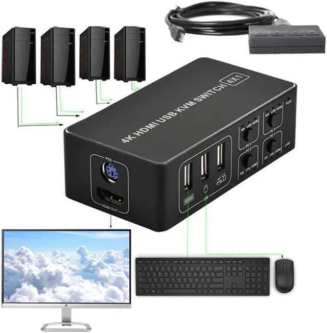 Alt view image 7 of 7 - 4 port 4K HDMI KVM Switch Splitter Box USB HDMI 4K KVM Switcher Selector Control Up To 4 Monitors for Mac Windows 10