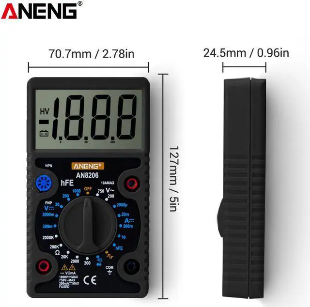 Alt view image 5 of 6 - ANENG AN8206 Large Screen Digital Multimeter with Square Wave Output Voltage Current Continuity Measurement hEF Measurement - Black
