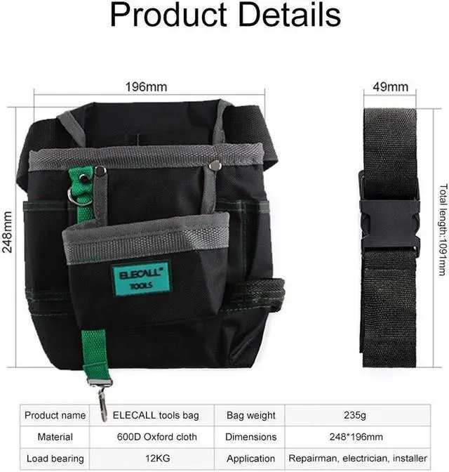 Alt view image 7 of 7 - ELECALL Tools Bag Waist Belt Bag Pocket Tool Storage Tool Pouch ELEB07 600D Oxford Cloth Hand Tools Hardware Storage Load 12kg