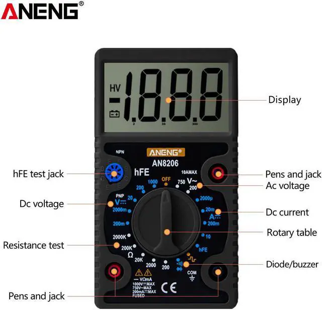 Alt view image 6 of 6 - ANENG AN8206 Large Screen Digital Multimeter with Square Wave Output Voltage Current Continuity Measurement hEF Measurement - Black