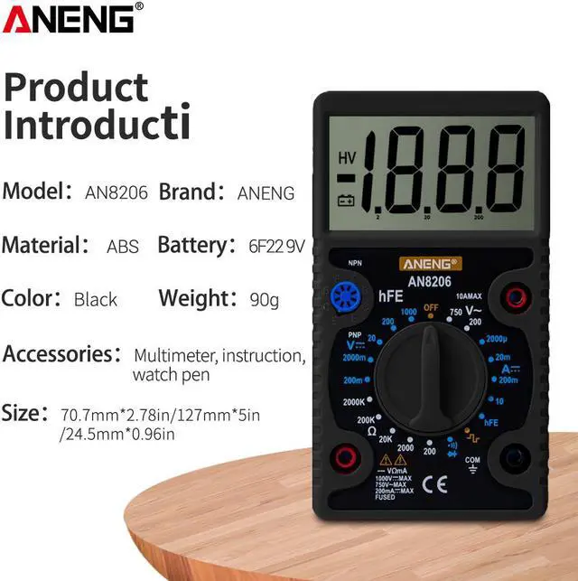 Alt view image 3 of 6 - ANENG AN8206 Large Screen Digital Multimeter with Square Wave Output Voltage Current Continuity Measurement hEF Measurement - Black