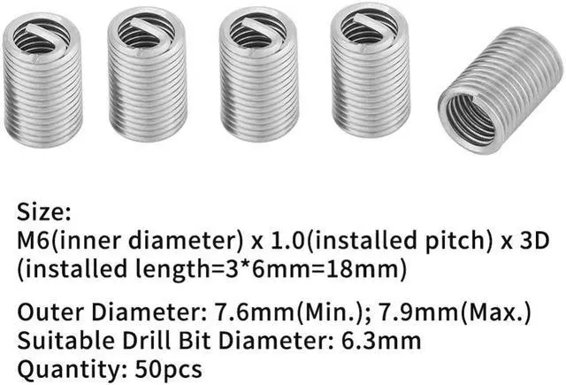 Alt view image 3 of 7 - 50pcs/Lot M6 x 1.0 x 3D Screw Thread Insert Stainless Steel Fasteners Repair Tools Kit Coiled Wire Helical Screw Sleeve Set