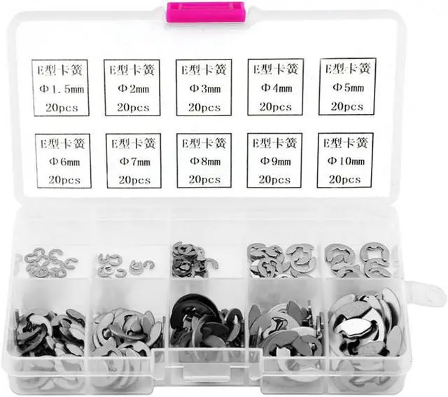 Main image of 200pcs/Box Stainless Steel E-Clip Retaining Ring Assortment Kit M1.5-M10 E-ring Fasteners Washers Repair Tools Set