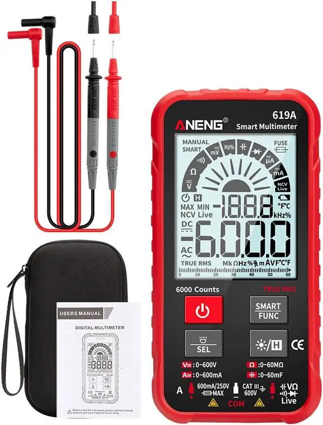 Main image of ANENG 619A 6000 Counts LCD Digital Multimeter Pocket Size True RMS Universal Tester Measure AC/DC Voltage & Current Resistance Capacitance Continuity Diode NCV Test - Red