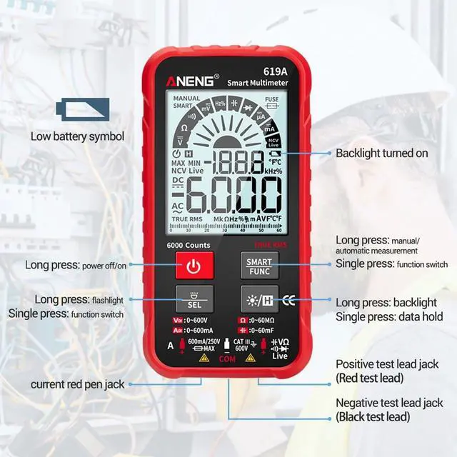 Alt view image 7 of 7 - ANENG 619A 6000 Counts LCD Digital Multimeter Pocket Size True RMS Universal Tester Measure AC/DC Voltage & Current Resistance Capacitance Continuity Diode NCV Test - Red