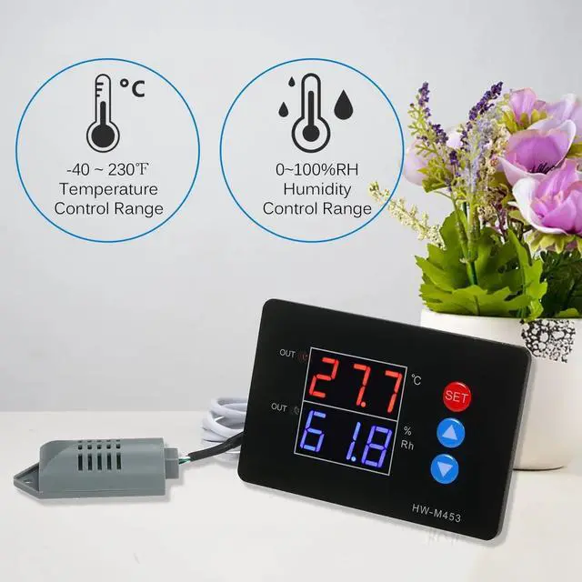 Alt view image 2 of 7 - DC12/24V Temperature and Humidity Controller Dual Relay Output -40~230? Digital Thermostat Humidistat Controller with Sensor Probe for Reptile Refrigerator Basement Grow Tent