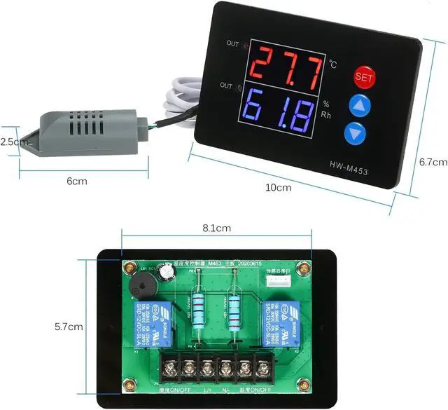 Alt view image 7 of 7 - DC12/24V Temperature and Humidity Controller Dual Relay Output -40~230? Digital Thermostat Humidistat Controller with Sensor Probe for Reptile Refrigerator Basement Grow Tent