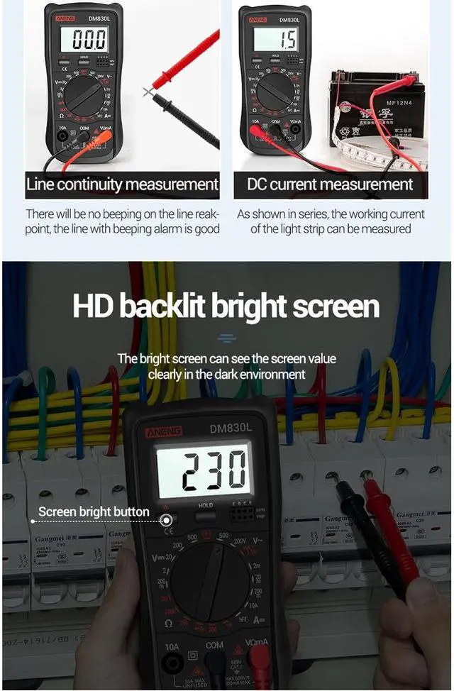 Alt view image 6 of 7 - ANENG DM830L Digital Multimeter Meter Testers 1999 Count Electrical Transistor Capacitance DC/AC Multimetro With LCD Backlight