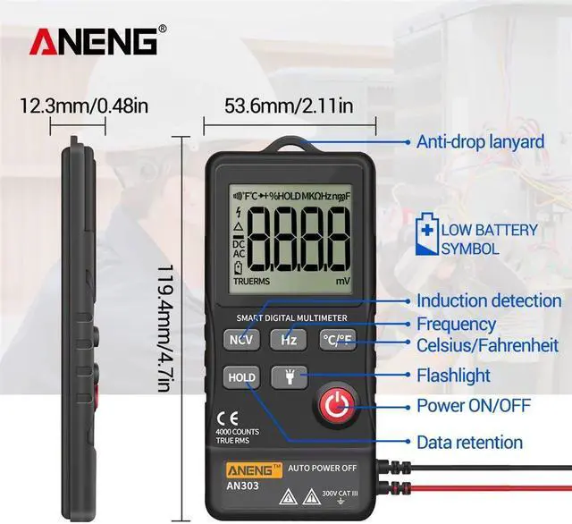 Alt view image 3 of 7 - ANENG AN303 Digital Multimeter 4000 Count LCD Display Automatic Range Universal Meter with Backlight NCV Test Meter with Storage Bag - Black