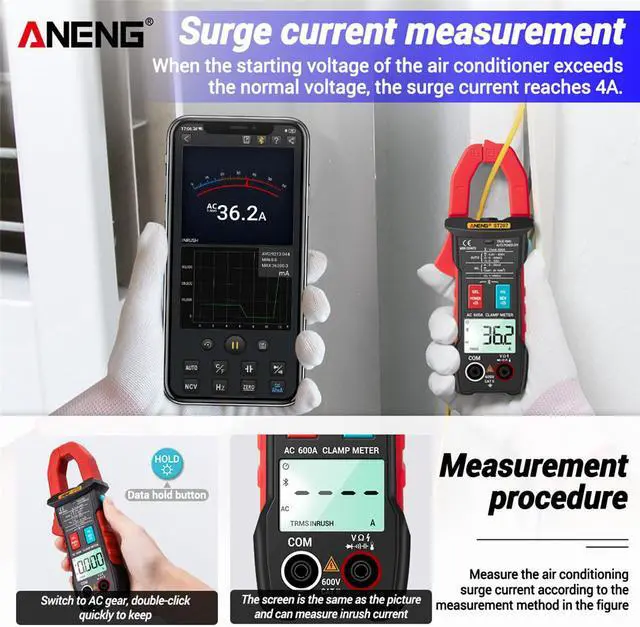 Alt view image 7 of 7 - ANENG ST207 Digital Bluetooth Multimeter Clamp Meter 6000 Count True RMS DC/AC Voltage Tester AC Current Hz Capacitance Ohm - Black