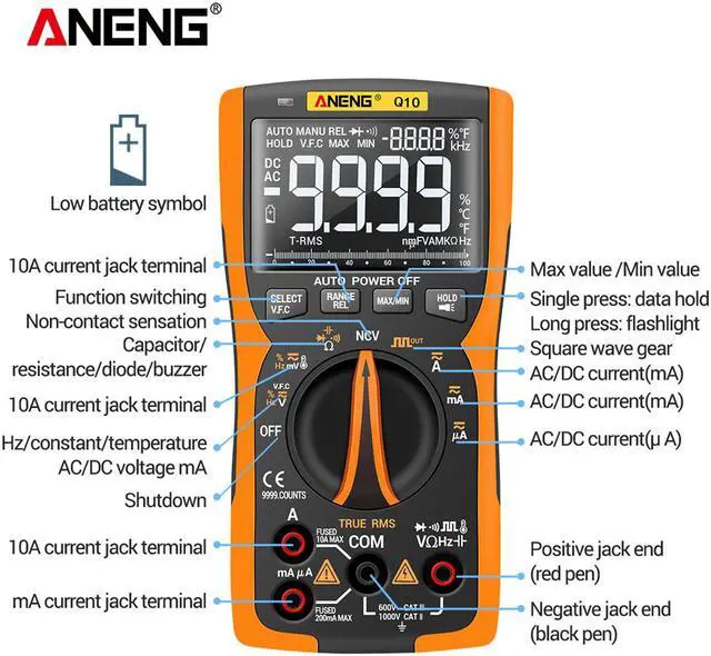 Alt view image 2 of 7 - ANENG Q10 Digital Multimeter 9999 Professional Tester Multimetro True RMS Analog DIY Transistor Capacitor NCV Testers Lcr Meter & 16 in 1 Combination Line - Orange