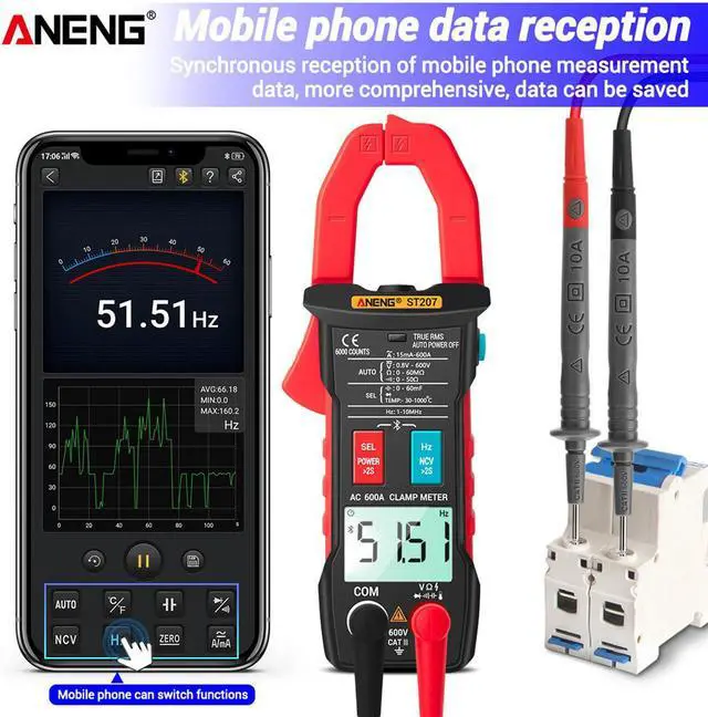 Alt view image 5 of 7 - ANENG ST207 Digital Bluetooth Multimeter Clamp Meter 6000 Count True RMS DC/AC Voltage Tester AC Current Hz Capacitance Ohm - Black