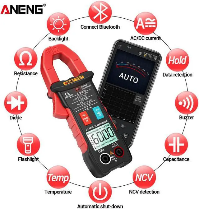 Alt view image 2 of 7 - ANENG ST207 Digital Bluetooth Multimeter Clamp Meter 6000 Count True RMS DC/AC Voltage Tester AC Current Hz Capacitance Ohm - Black