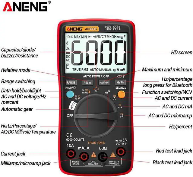 Alt view image 5 of 7 - ANENG AN9002 Bluetooth Digital Multimeter 6000 Counts Professional MultimetroTrue RMS AC/DC Current Voltage Tester Auto-Range & 16 in 1 Combination Line - Orange