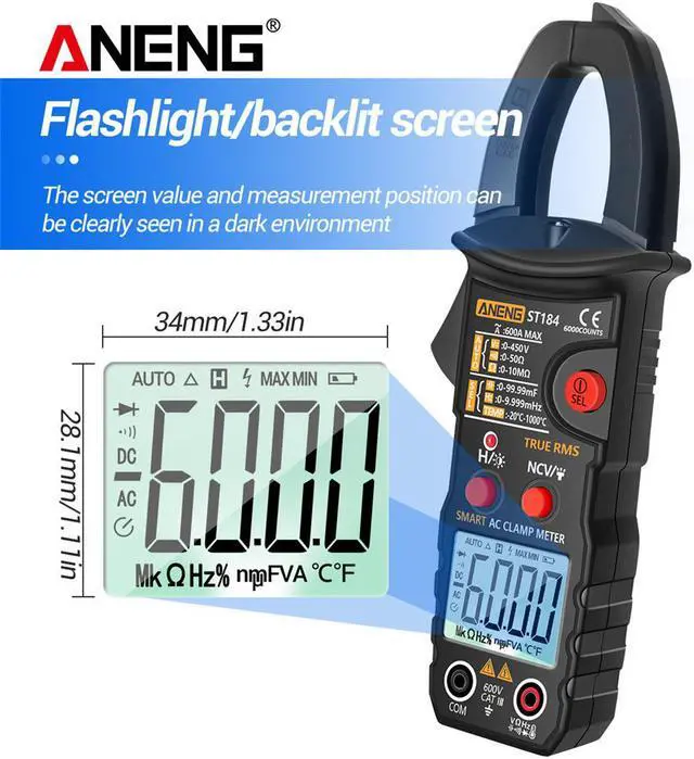 Alt view image 3 of 7 - ANENG ST184 Digital Multimeter Clamp Meter True RMS 6000 Counts Professional Measuring Testers AC/DC Voltage AC Current Ohm & NO Packing Box - Black