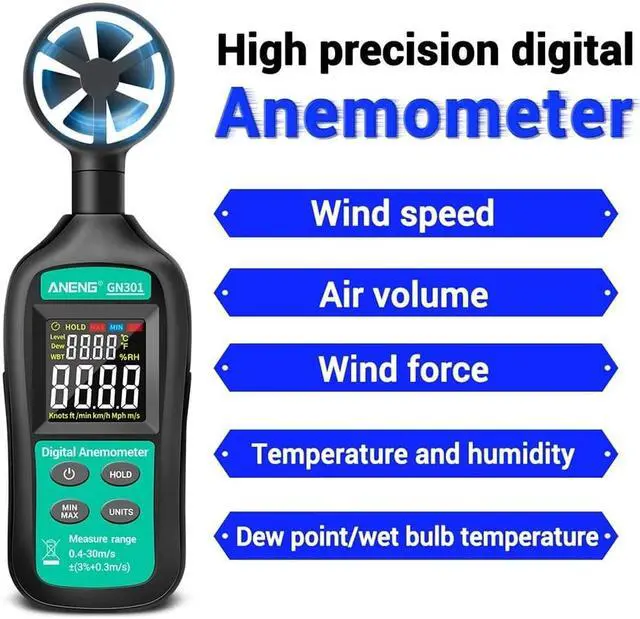 Alt view image 6 of 7 - ANENG GN301 Handheld Digital Anemometer High Precision Wind Speed/Temperature Meter Digital Meteorograph with LCD Backlight