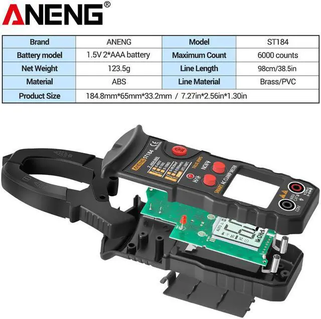 Alt view image 6 of 7 - ANENG ST184 Digital Multimeter Clamp Meter True RMS 6000 Counts Professional Measuring Testers AC/DC Voltage AC Current Ohm & NO Packing Box - Black