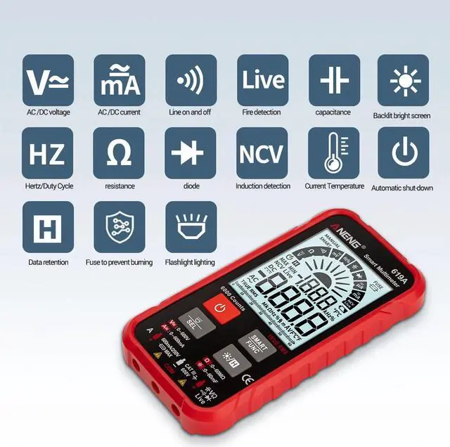 Alt view image 3 of 7 - ANENG 619A 6000 Counts LCD Digital Multimeter Pocket Size True RMS Universal Tester Measure AC/DC Voltage & Current Resistance Capacitance Continuity Diode NCV Test - Red