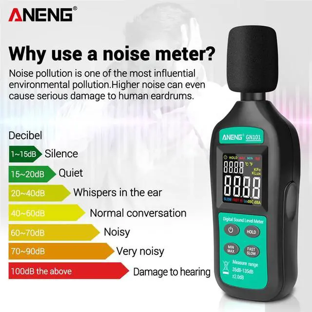 Alt view image 6 of 7 - ANENG GN101 Digital Noise Meter Measurement 35-135 db Intelligent Sound Level Meter Decibel Monitor Logger Diagnostic-Tool