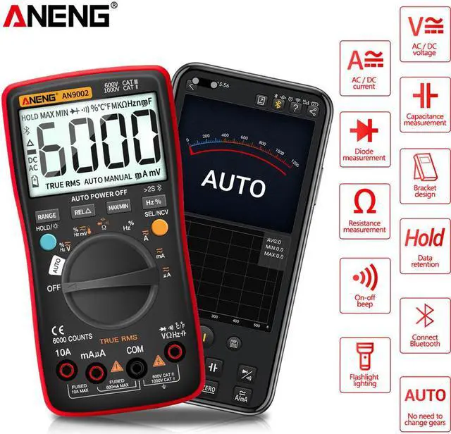 Alt view image 2 of 7 - ANENG AN9002 Bluetooth Digital Multimeter 6000 Counts Professional MultimetroTrue RMS AC/DC Current Voltage Tester Auto-Range & 16 in 1 Combination Line & Packing Box - Red