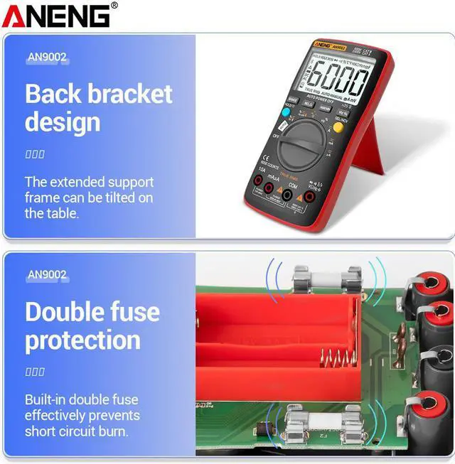 Alt view image 3 of 7 - ANENG AN9002 Bluetooth Digital Multimeter 6000 Counts Professional MultimetroTrue RMS AC/DC Current Voltage Tester Auto-Range & 16 in 1 Combination Line & Packing Box - Red
