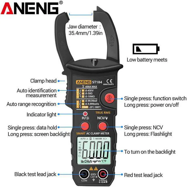 Alt view image 7 of 7 - ANENG ST184 Digital Multimeter Clamp Meter True RMS 6000 Counts Professional Measuring Testers AC/DC Voltage AC Current Ohm & NO Packing Box - Black