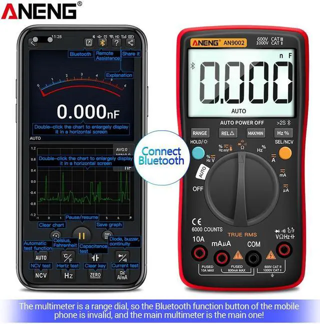 Alt view image 4 of 7 - ANENG AN9002 Bluetooth Digital Multimeter 6000 Counts Professional MultimetroTrue RMS AC/DC Current Voltage Tester Auto-Range - Orange