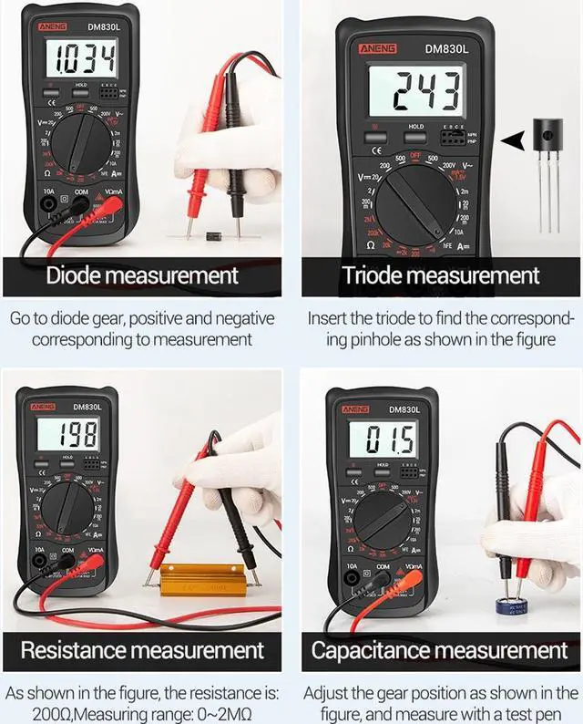 Alt view image 3 of 7 - ANENG DM830L Digital Multimeter Meter Testers 1999 Count Electrical Transistor Capacitance DC/AC Multimetro With LCD Backlight