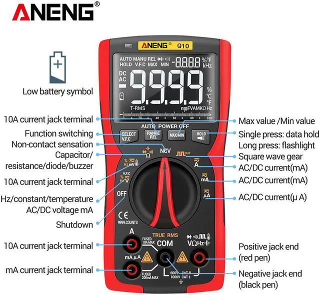 Alt view image 2 of 7 - ANENG Q10 Digital Multimeter 9999 Professional Tester Multimetro True RMS Analog DIY Transistor Capacitor NCV Testers Lcr Meter & 16 in 1 Combination Line - Red