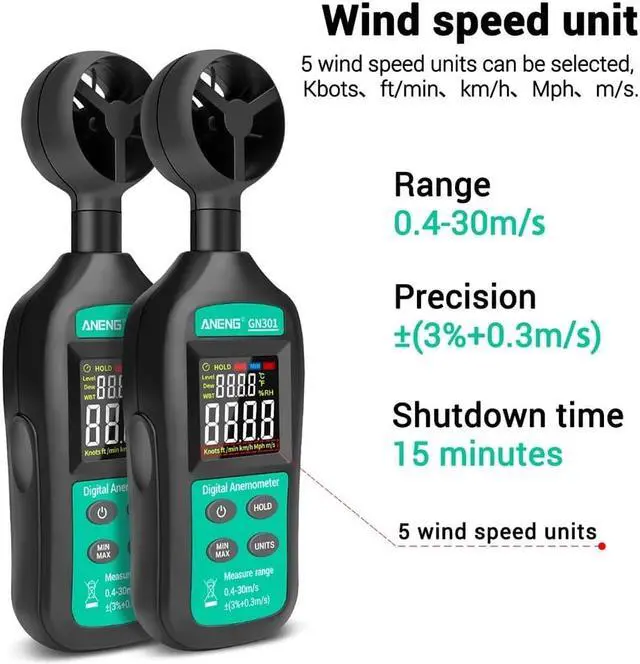 Alt view image 2 of 7 - ANENG GN301 Handheld Digital Anemometer High Precision Wind Speed/Temperature Meter Digital Meteorograph with LCD Backlight