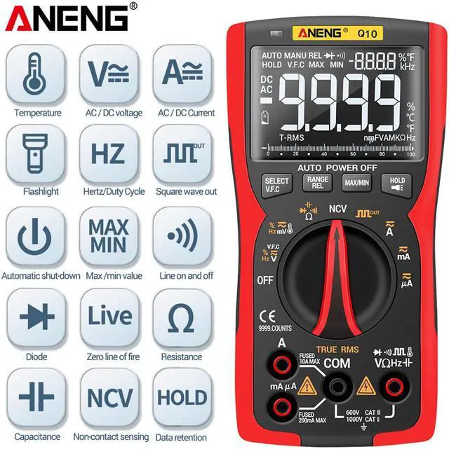 Alt view image 3 of 7 - ANENG Q10 Digital Multimeter 9999 Professional Tester Multimetro True RMS Analog DIY Transistor Capacitor NCV Testers Lcr Meter - Red