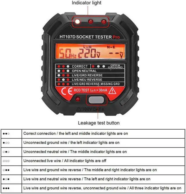 Alt view image 6 of 6 - Circuit Tester HT107D LCD Digital Display Socket Outlet Tester Mains Fault Check Tool Detector Electroscope 90 to 250V