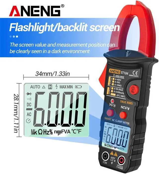 Alt view image 3 of 7 - ANENG ST184 Digital Multimeter Clamp Meter True RMS 6000 Counts Professional Measuring Testers AC/DC Voltage AC Current Ohm & NO Packing Box - Red