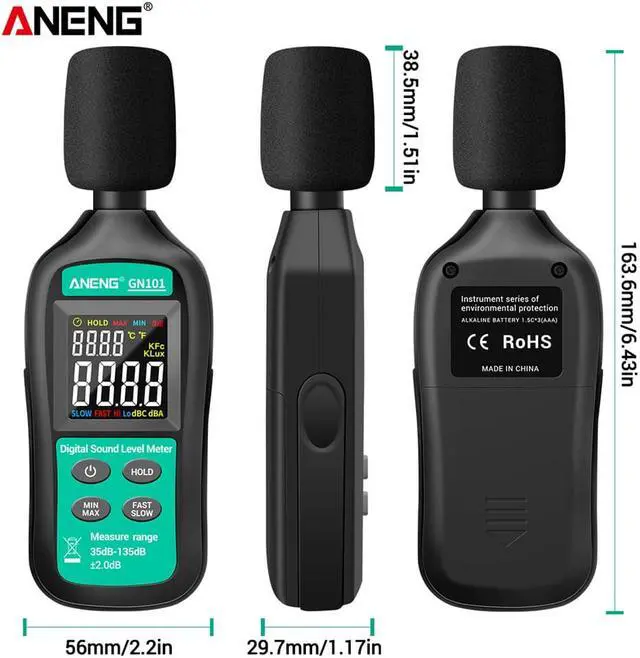 Alt view image 7 of 7 - ANENG GN101 Digital Noise Meter Measurement 35-135 db Intelligent Sound Level Meter Decibel Monitor Logger Diagnostic-Tool