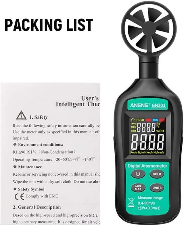 Alt view image 5 of 7 - ANENG GN301 Handheld Digital Anemometer High Precision Wind Speed/Temperature Meter Digital Meteorograph with LCD Backlight