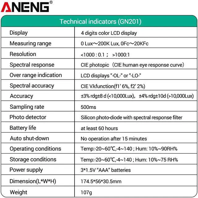 Alt view image 7 of 7 - ANENG GN201 Luxmeter Digital Light Meter 200K Lux Meter Photometer uv Meter UV Radiometer Handheld Illuminometer Photometer