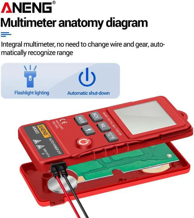 Alt view image 7 of 7 - ANENG AN303 Digital Multimeter 4000 Count LCD Display Automatic Range Universal Meter with Backlight NCV Test Meter with Storage Bag - Red