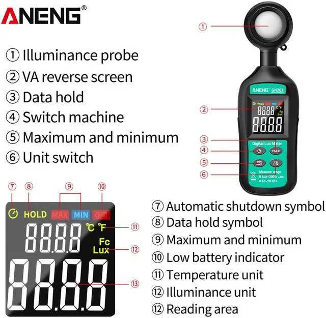 Alt view image 5 of 7 - ANENG GN201 Luxmeter Digital Light Meter 200K Lux Meter Photometer uv Meter UV Radiometer Handheld Illuminometer Photometer