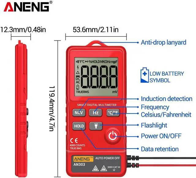 Alt view image 3 of 7 - ANENG AN303 Digital Multimeter 4000 Count LCD Display Automatic Range Universal Meter with Backlight NCV Test Meter with Color Box - Red