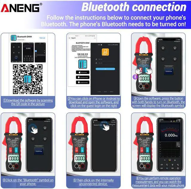 Alt view image 6 of 7 - ANENG ST207 Digital Bluetooth Multimeter Clamp Meter 6000 Count True RMS DC/AC Voltage Tester AC Current Hz Capacitance Ohm - Black