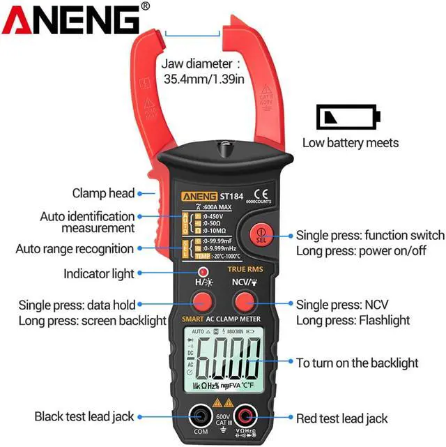 Alt view image 7 of 7 - ANENG ST184 Digital Multimeter Clamp Meter True RMS 6000 Counts Professional Measuring Testers AC/DC Voltage AC Current Ohm & NO Packing Box - Red