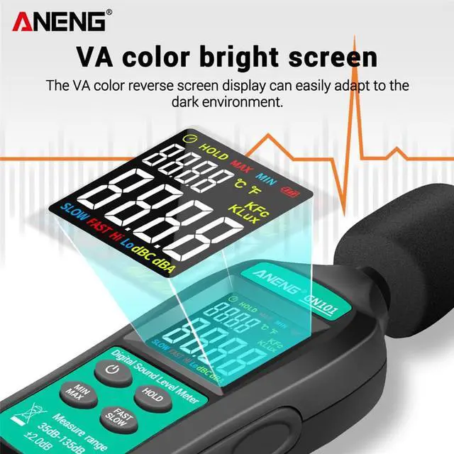 Alt view image 4 of 7 - ANENG GN101 Digital Noise Meter Measurement 35-135 db Intelligent Sound Level Meter Decibel Monitor Logger Diagnostic-Tool