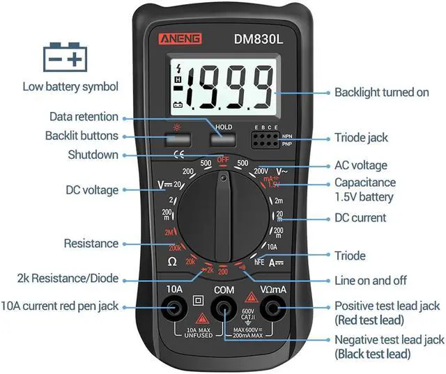Alt view image 4 of 7 - ANENG DM830L Digital Multimeter Meter Testers 1999 Count Electrical Transistor Capacitance DC/AC Multimetro With LCD Backlight
