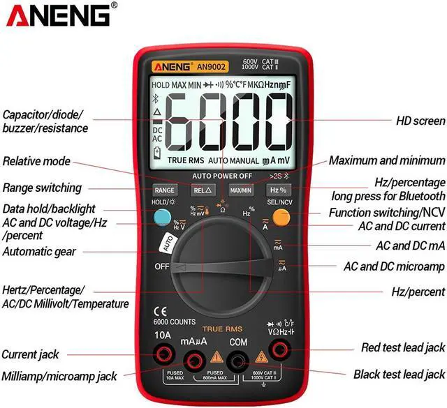 Alt view image 5 of 7 - ANENG AN9002 Bluetooth Digital Multimeter 6000 Counts Professional MultimetroTrue RMS AC/DC Current Voltage Tester Auto-Range & 16 in 1 Combination Line & Packing Box - Black