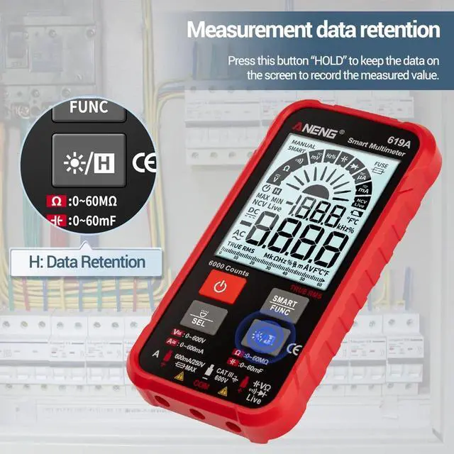 Alt view image 5 of 7 - ANENG 619A 6000 Counts LCD Digital Multimeter Pocket Size True RMS Universal Tester Measure AC/DC Voltage & Current Resistance Capacitance Continuity Diode NCV Test - Red