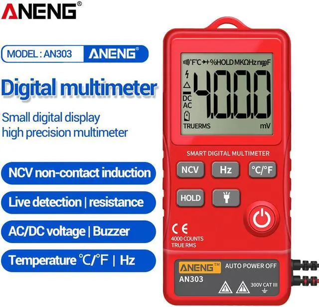 Alt view image 2 of 7 - ANENG AN303 Digital Multimeter 4000 Count LCD Display Automatic Range Universal Meter with Backlight NCV Test Meter with Color Box - Red
