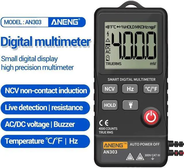 Alt view image 2 of 7 - ANENG AN303 Digital Multimeter 4000 Count LCD Display Automatic Range Universal Meter with Backlight NCV Test Meter with Storage Bag - Black