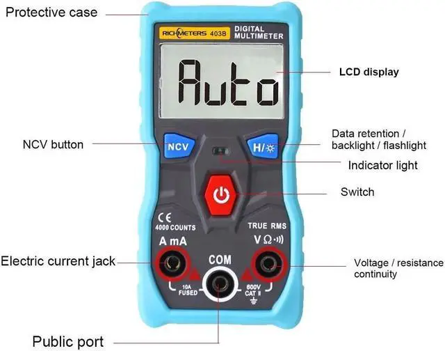 Alt view image 4 of 7 - RICHMETERS RM403B Automatic Digital Multimeter 4000 Counts True-RMS Intelligent Auto Range Measurement NCV AC/DC Voltage Current Ohm Portable Test Tool with Backlight