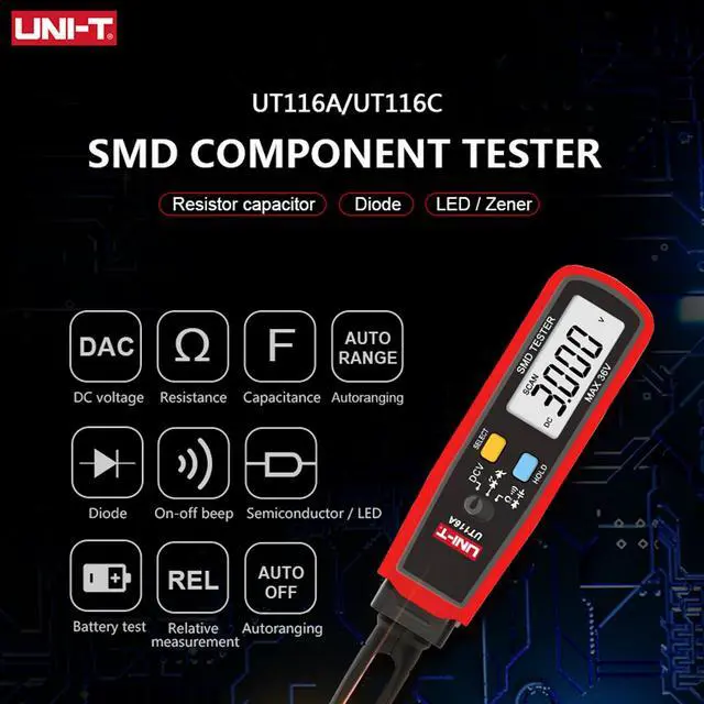 Alt view image 5 of 6 - UNI-T UT116A SMD Tester Meter Multimeter Rotable Tweezer Resistance Capacitance LED Diode Continuity Battery Tester
